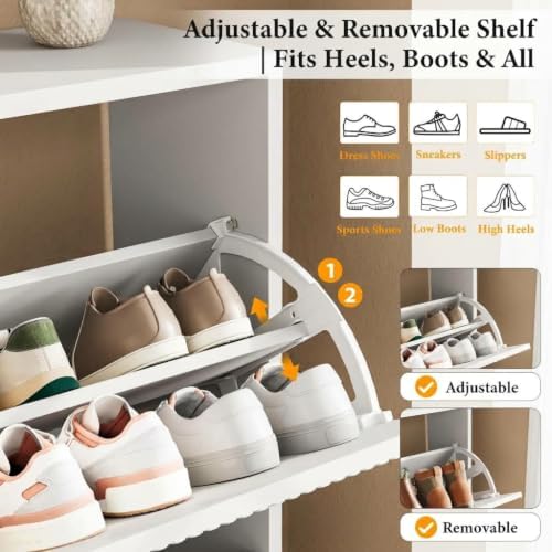 Nicetree Shoe Storage Cabinet for Entryway - 2 Flip Drawers Shoe Cabinet with Tiered Fluted Design - Slim Shoe Storage Rack with Gold Legs - Narrow Shoe Cabinet Hidden Shoe Organizer for Small Spaces