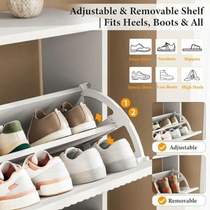 Nicetree Shoe Storage Cabinet for Entryway - 2 Flip Drawers Shoe Cabinet with Tiered Fluted Design - Slim Shoe Storage Rack with Gold Legs - Narrow Shoe Cabinet Hidden Shoe Organizer for Small Spaces