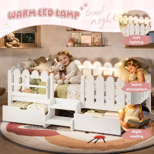 Bellemave Twin Size Platform Bed with Storage Drawers & Bookshelf for Boys Girls, Kids Twin Bed Frame with LED Lights & Stairs for Children's Room, White