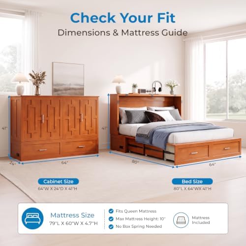 Mjkone Murphy Cabinet Bed with Tri-Folding Mattress, Queen Size Cherry