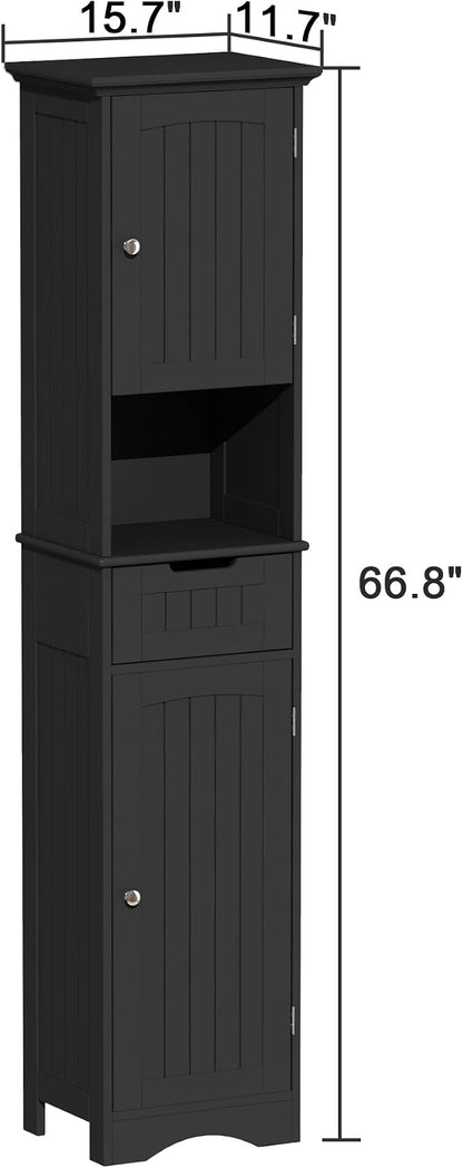 ChooChoo 67" Tall Bathroom Storage Cabinet Freestanding with Adjustable Shelves, Narrow Storage Linen Cabinet with 2 Doors and 1 Drawers for Bathroom, Living Room, Kitchen, Black