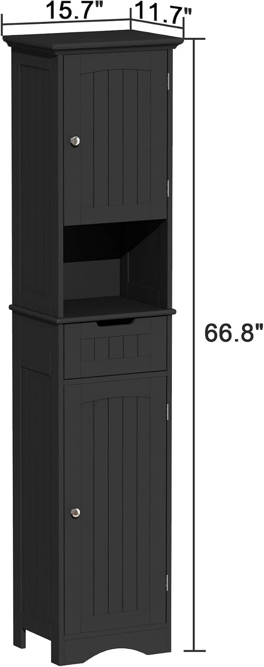 ChooChoo 67" Tall Bathroom Storage Cabinet Freestanding with Adjustable Shelves, Narrow Storage Linen Cabinet with 2 Doors and 1 Drawers for Bathroom, Living Room, Kitchen, Black