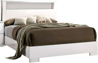 Pemberly Row 4 Pc Queen Bedroom Set, Solid Wood and Veneer, High Gloss White Finish, LED Headboard with Shelf, Chrome Accents, Includes Nightstand, Dresser, Mirror, Modern Bedroom Furniture