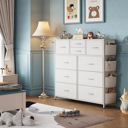 WLIVE 10 Drawer White Fabric Dresser for Bedroom, Side Pockets Chest