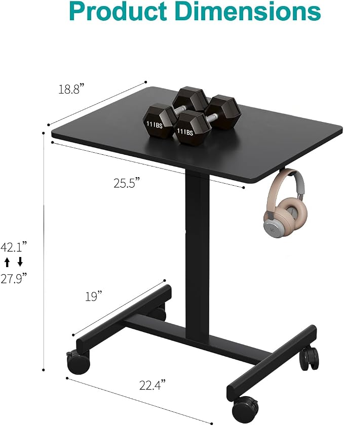 18.9 * 25.6 inch Mobile Standing Desk,T Shaped Pneumatic Adjustable Height Stand Up Desk,with Lockable Wheels,Ergonomic Standing Side Table for Home Office Work Computer Workstation Black+Gray