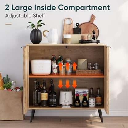 Buffet Cabinet with Storage, Sideboard Cabinet with Fluted Doors and Metal Legs, Storage Cabinet with Adjustable Shelf, Accent Table for Living Room, Kitchen, Entryway - Natural