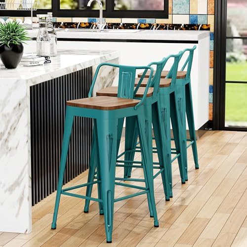 26" Barstools Set of 4 Counter Height Bar Stools Side Chair-Distressed Teal
