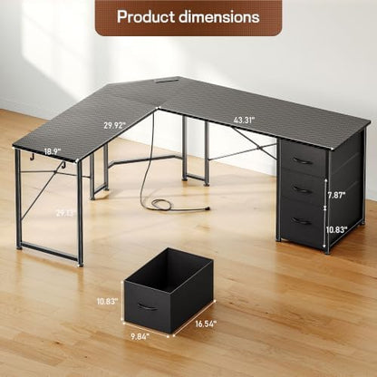 DurayLoly 62“ L Shaped Corner Desk with 3 Drawers,Power Strip&2 Side Hooks