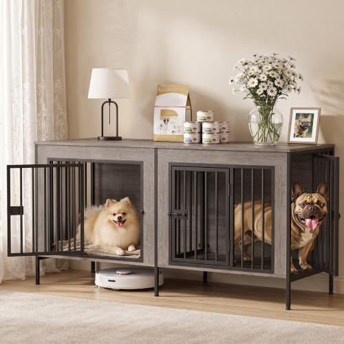 EasyCom 55" Wooden Double Dog Crate Furniture, Oak Grey (DC102)