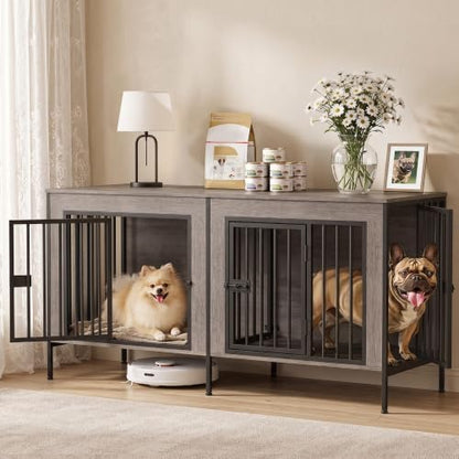 EasyCom 55" Wooden Double Dog Crate Furniture, Oak Grey (DC102)