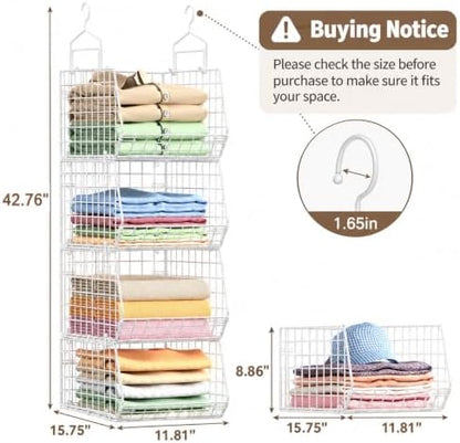 4" Extra Deeper Foldable Hanging Closet Organizer, Small Wire Cabinet Shelves and Storage with 5 S Hooks,4 Tier Metal Basket Bins for Clothes Sweaters Handbags, Wardrobe for Kitchen Laundry Room，White