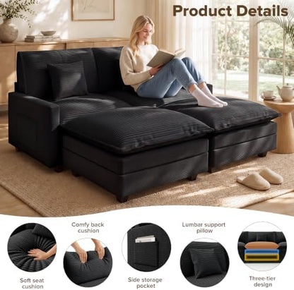 74 Inch Cloud Couch Sectional, Modular Sectional Sofa with 2 Ottoman, Black