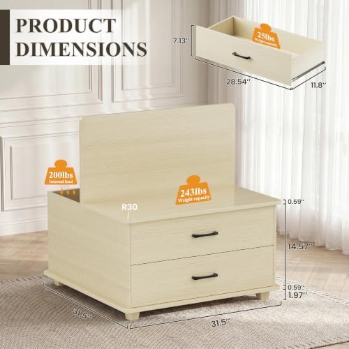MALOL Storage Coffee Table with 2 Drawers & Flip-Top Lid with Hidden Storage, Modern Fluted Wood Coffee Table, Solid Wood Legs, Square Center Table for Living Room, Light Wood