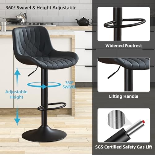 Modern Bar Stools Set of 6, Adjustable Swivel Counter Height Kitchen Bar Stools with Backrest, Faux Leather Padded Seats, Kitchen Island Chairs for Breakfast Bar, Black