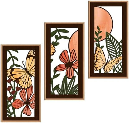 IARTTOP Wood Floral Framed Wall Art 8x16 Inch Set of 3 Abstract Green Leaf Butterfly Wooden Wall Decor Minimalist Nature Landscape Artwork for Living room Bedroom Dining room