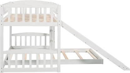 Twin Over Twin Bunk Bed, Wood Bunk Bed with Slide and Ladder, White