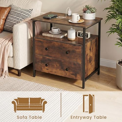 27" Nightstand Set 2 with Charging Station & 2 Drawer, Retro Brown