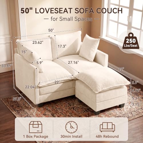 50" Loveseat Sofa with Ottoman, Cloud 2-Layer Cushion & 27" Deep Seat, Modern Love Seat Small Couch with 2 Washable Pillows for Small Spaces, Bedroom, Apartment, Office, Living Room, in a Box, Beige