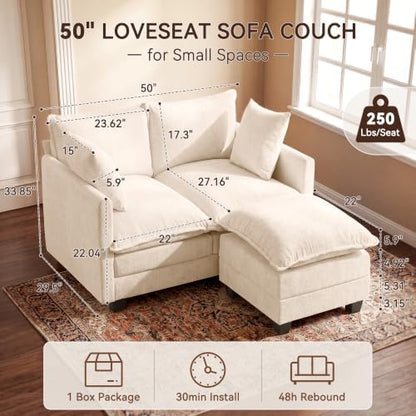 50" Loveseat Sofa with Ottoman, Cloud 2-Layer Cushion & 27" Deep Seat, Modern Love Seat Small Couch with 2 Washable Pillows for Small Spaces, Bedroom, Apartment, Office, Living Room, in a Box, Beige