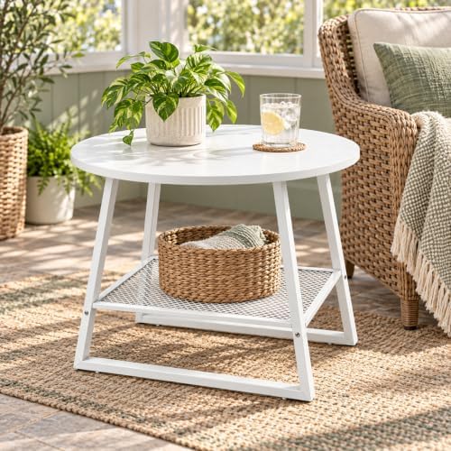 Lightdot 2‑Tier Round Side Table 24In White End Table with Metal Mesh Shelf
