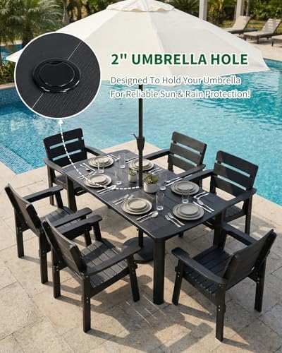 7pcs Patio Dining Set with Umbrella Hole Table & 6 Chairs, Black