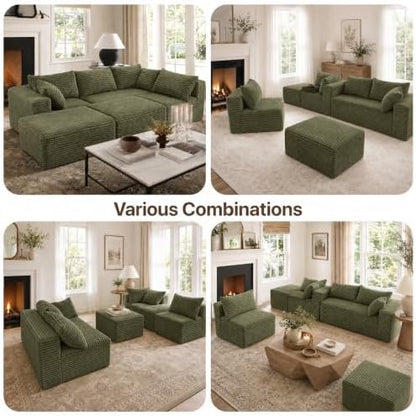 Claiks 132" Boneless Couch, U-Shape Corduroy Sectional Sofa, Green