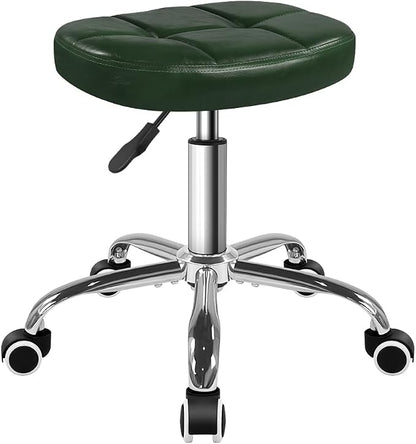 BFTOU 6-Square Lattice PU Swivel Stool with Wheel for Work SPA Shop Massage Height-Adjustable Rolling Stool Chair (Green)