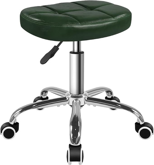 BFTOU 6-Square Lattice PU Swivel Stool with Wheel for Work SPA Shop Massage Height-Adjustable Rolling Stool Chair (Green)