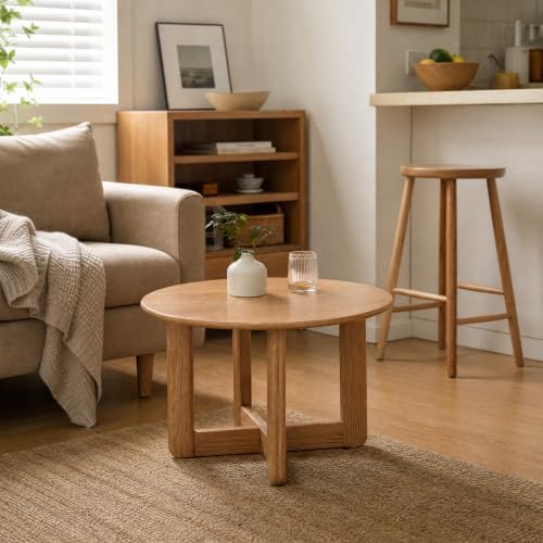 100% Solid Oak Wood Round Coffee Table, 2-Tier Small Wood Center Table
