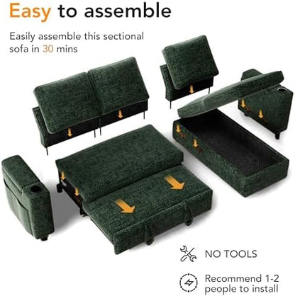 Sunny Heart 82" L-Shaped Sleeper Sofa with Pull Out Bed, Sectional Couch with Reclining Backrest, Reversible Storage Chaise, Armrest Storage, Cup Holders, and Side Pockets, Tool-Free Assembly, Green