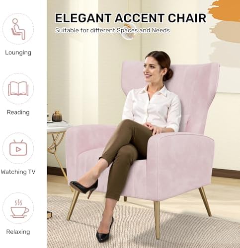 Nebuaegis Pink Velvet Accent Chair Set of 4, Wingback Chair for Living Room, High Back Arm Chair with Golden Legs Lumbar Pillow, Upholstered Single Sofa Bedroom