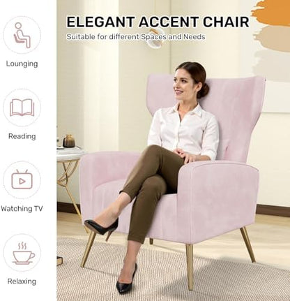 Nebuaegis Pink Velvet Accent Chair Set of 4, Wingback Chair for Living Room, High Back Arm Chair with Golden Legs Lumbar Pillow, Upholstered Single Sofa Bedroom