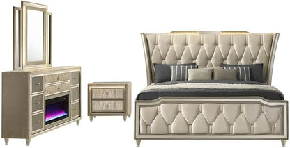 Pemberly Row 4-Piece Velvet Queen Bedroom Set, Fireplace Dresser with LED Trim, Camel and Ivory Finish, Wingback LED Bed, USB Nightstand, Mirror, Glam Design for Modern Bedroom Use