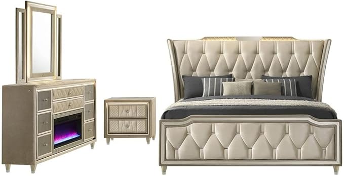 Pemberly Row 4-Piece Velvet Eastern King Bedroom Set, Camel and Ivory Finish, LED Wingback Bed, Fireplace Dresser with Glass Top, USB Nightstand, Tufted Mirror, Plush Modern Design for Master Bedrooms
