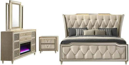 Pemberly Row 4-Piece Velvet Eastern King Bedroom Set, Camel and Ivory Finish, LED Wingback Bed, Fireplace Dresser with Glass Top, USB Nightstand, Tufted Mirror, Plush Modern Design for Master Bedrooms