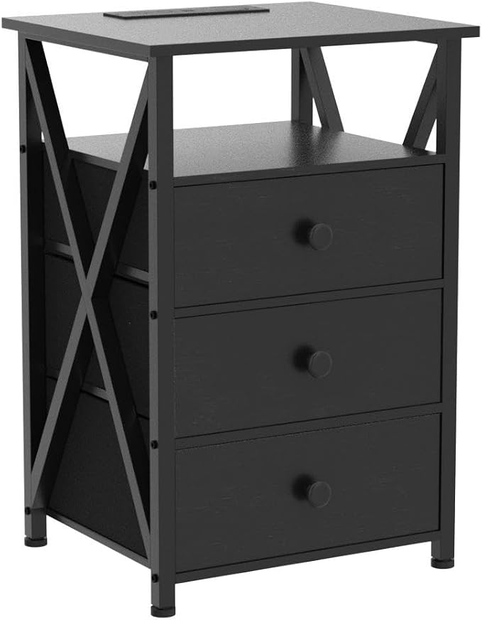 AMHANCIBLE Nightstands Set of 2, LED Night Stand with Charging Station, End Side Tables with USB Port & Outlet, Bedside Table with Fabric Drawers for Bedroom, Black, HET053LBK