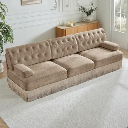 106" Velvet Chesterfield Modular Sectional Sofa, Oversized Button Tufted 3-Seater Couch with Floor-grazing Tassel Fringe Skirt and Curved Square Armrests, Easy Assembly, for Living Room, Camel