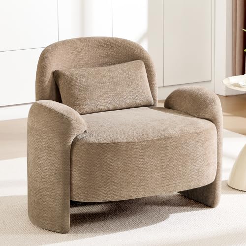 Accent Chair for Living Room, Modern Chenille Fabric Lounge Reading Sofa Chair with Lumbar Pillow, Upholstered Arm Chairs for Bedroom, Office, Brown
