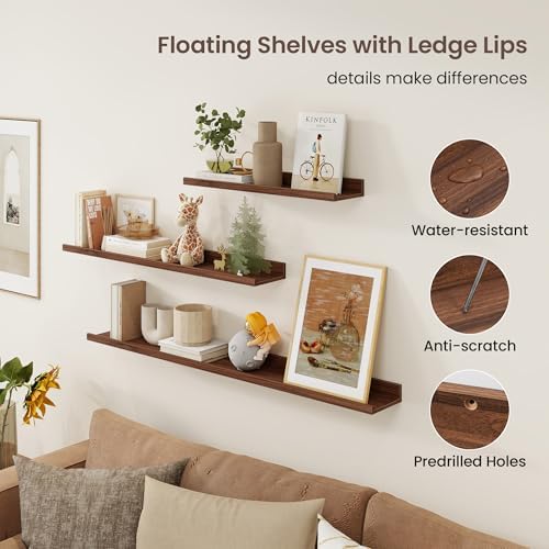 Picture Ledge Shelf, 36 Inch Walnut Floating Shelves Set of 3