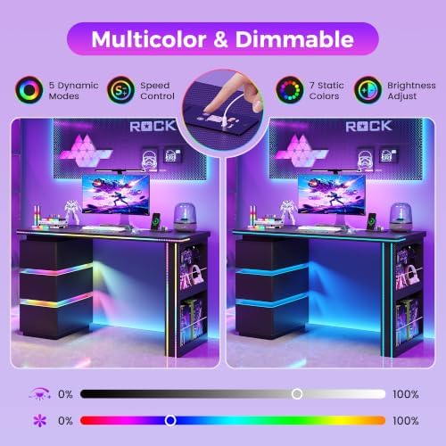 HNEBC 47.2" LED Home Office Computer Desk,3 Drawers,Pegboard,Fiber Black