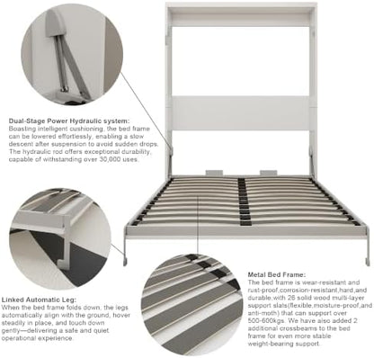 KEIKI Queen Size Vertical Cabinet Murphy Bed with Solid Slats, White