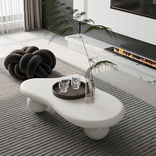 47" Cloud Shaped Coffee Table with 3 Ball Legs, Modern Minimalist Accent Tea Table for Living Room, Bedroom, Apartment or Office, Spacious MDF Surface, Kid & Pet Friendly, Cream White