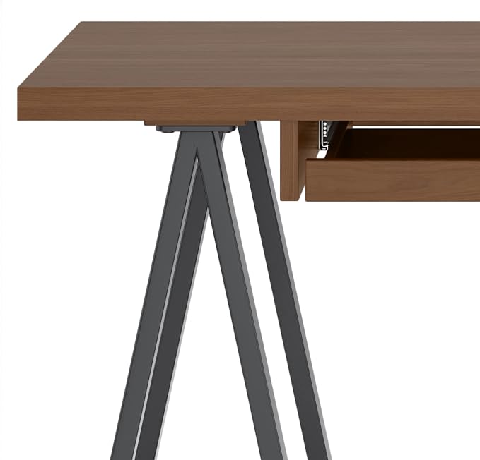 SIMPLIHOME Sawhorse Industrial 50 inch Wide SOLID WALNUT WOOD and Metal Small Desk in Walnut for the Office Desk, Writing Table, Workstation and Study Table