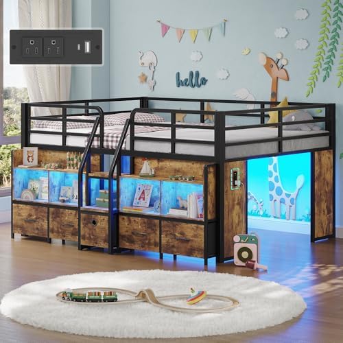 Full Low Loft Bed, 5 Drawers & 6 Bookcases, LED and Charging Station, Brown
