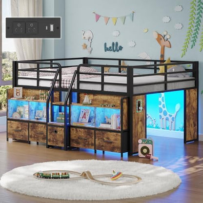 Full Low Loft Bed, 5 Drawers & 6 Bookcases, LED and Charging Station, Brown