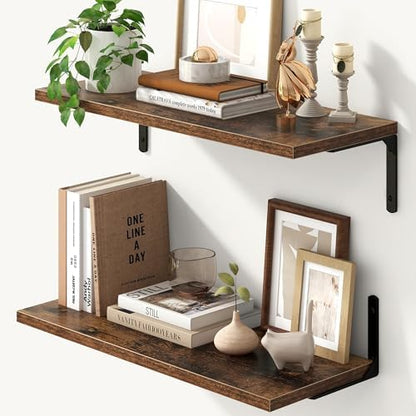 Deep Floating Shelves, 24W x 8D Floating Shelves Set of 2, Wall Mounted Shelf with Metal Brackets, Rustic Wood Wall Shelf for Bathroom, Kitchen and Living Room, Rustic Brown