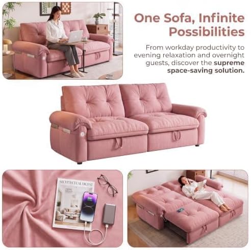 77" Convertible Queen Sofa Bed with USB Port & Side Pockets, Pink
