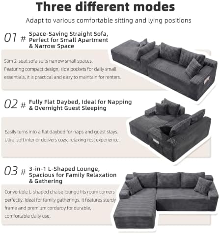 95" L‑Shaped Modular Cloud Corduroy Boneless Sectional Sofa for Living Room