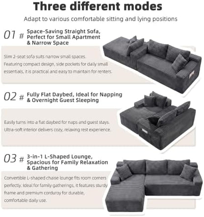 95" L‑Shaped Modular Cloud Corduroy Boneless Sectional Sofa for Living Room