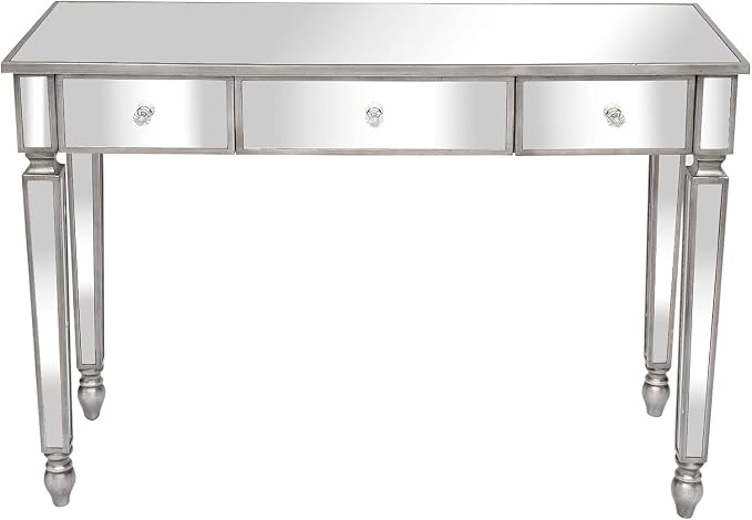 VINGLI Mirrored Vanity Desk with 3 Drawers, Modern Console/Sofa/Makeup Desk for Bedroom/Living Room/Entryway, Silver